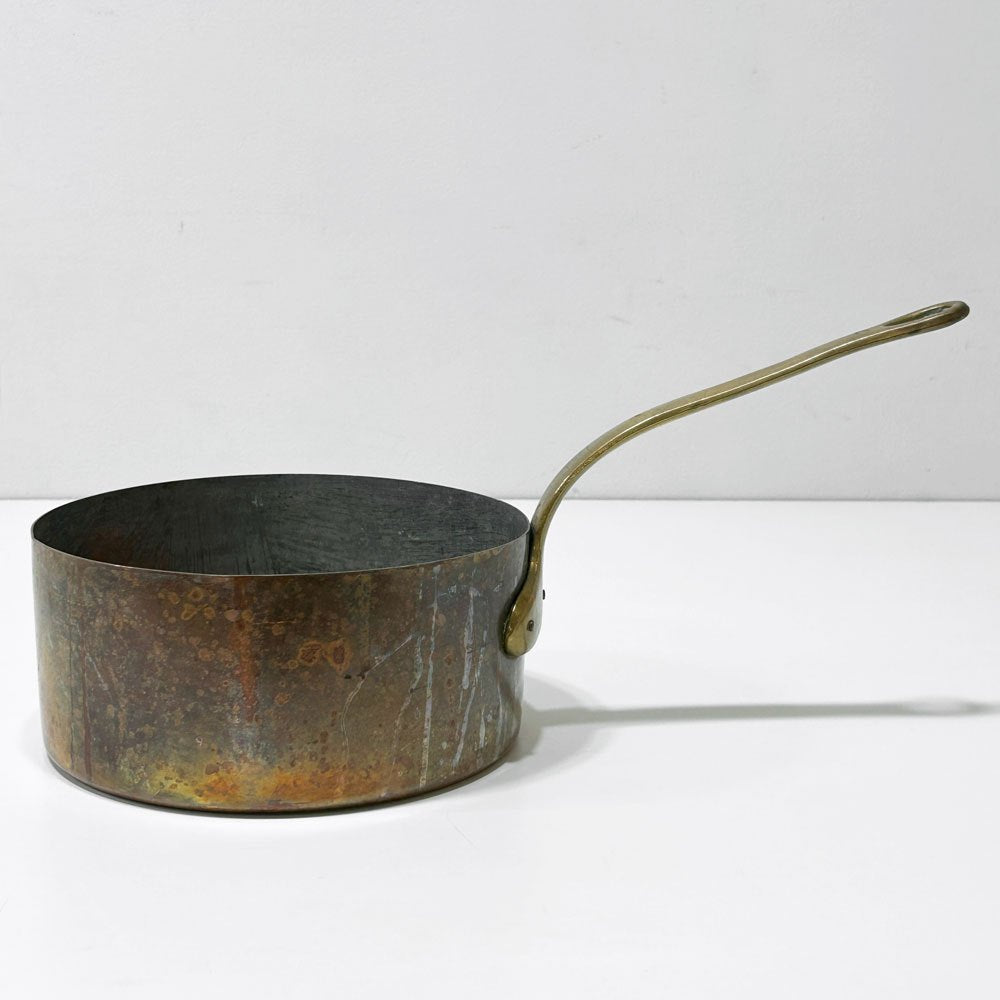 ビンテージ コッパー 片手鍋  vintage copper pan ソースパン 銅鍋 真鍮ハンドル 20cm フラワーベース フランス ブロカント  ●