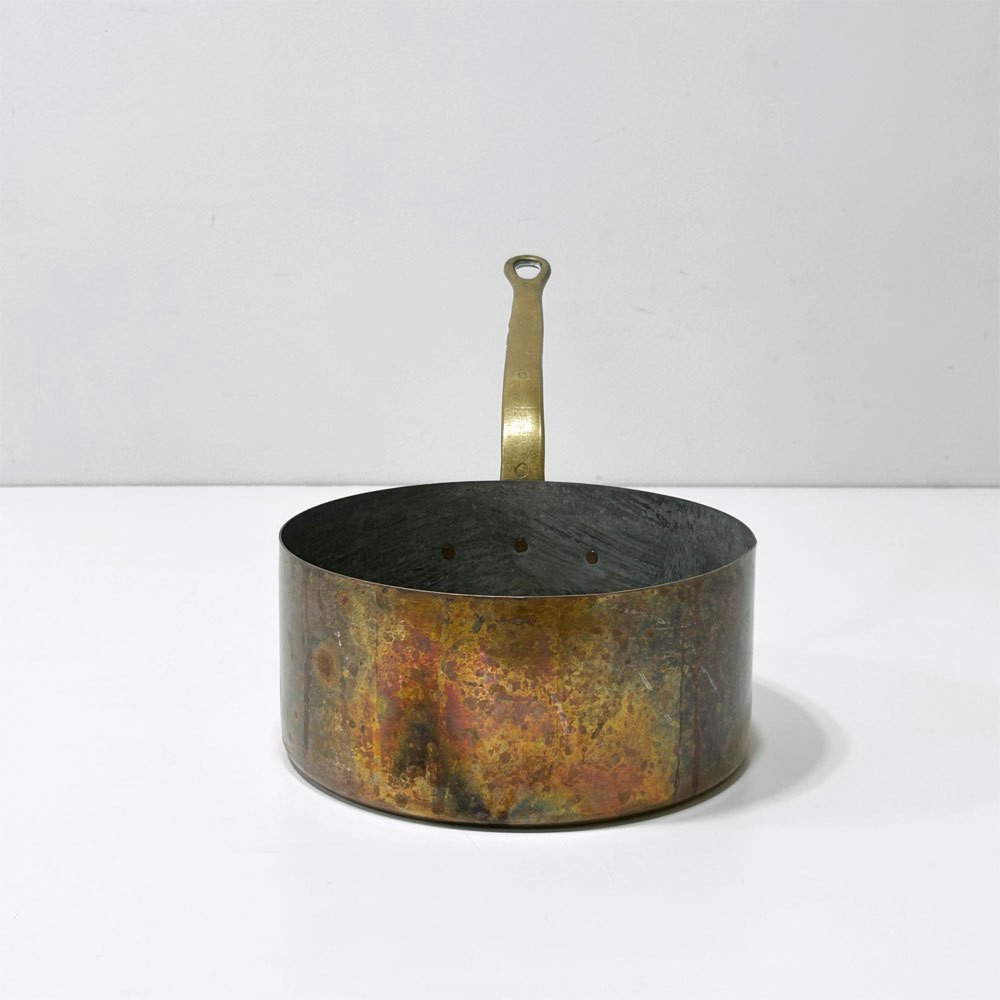ビンテージ コッパー 片手鍋  vintage copper pan ソースパン 銅鍋 真鍮ハンドル 20cm フラワーベース フランス ブロカント  ●
