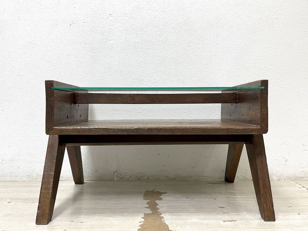 ピエールジャンヌレ Pierre Jeanneret コーヒーテーブル Coffee Table スモール チーク無垢材 ガラス チャンディーガル レター有 60‘s CHH/T57 希少サイズ ●