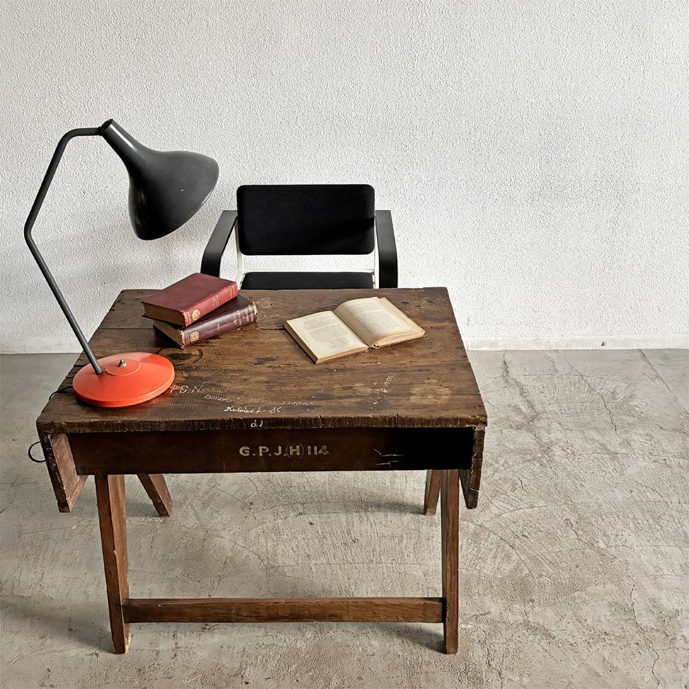 ピエールジャンヌレ Pierre Jeanneret スモールデスク スクールデスク W83cm チーク無垢材 Vレッグ チャンディーガル オリジナルビンテージ 希少 〓
