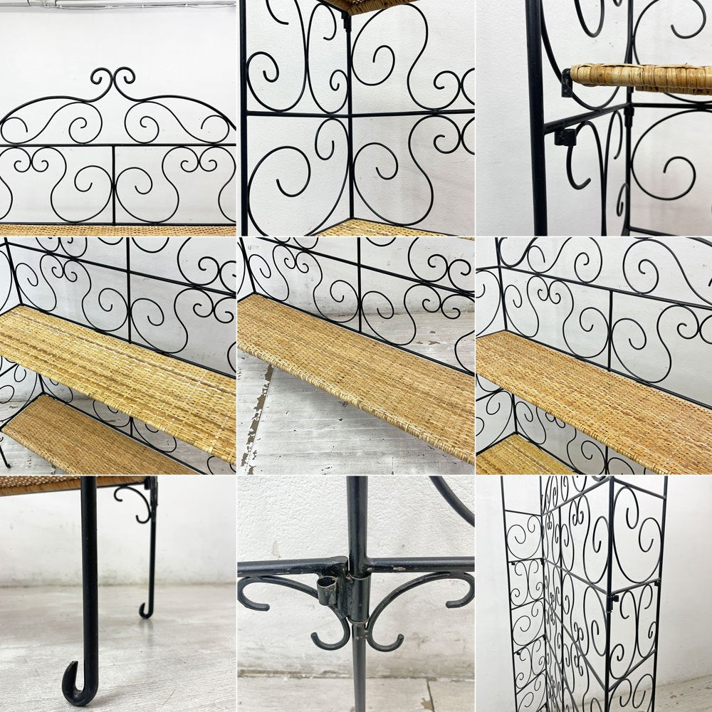 ロートアイアンｘラタン クラシカルデザイン シェルフ 3段 棚板着脱可能 フォールディング 折畳 籐 アンティーク調 店舗什器 ●