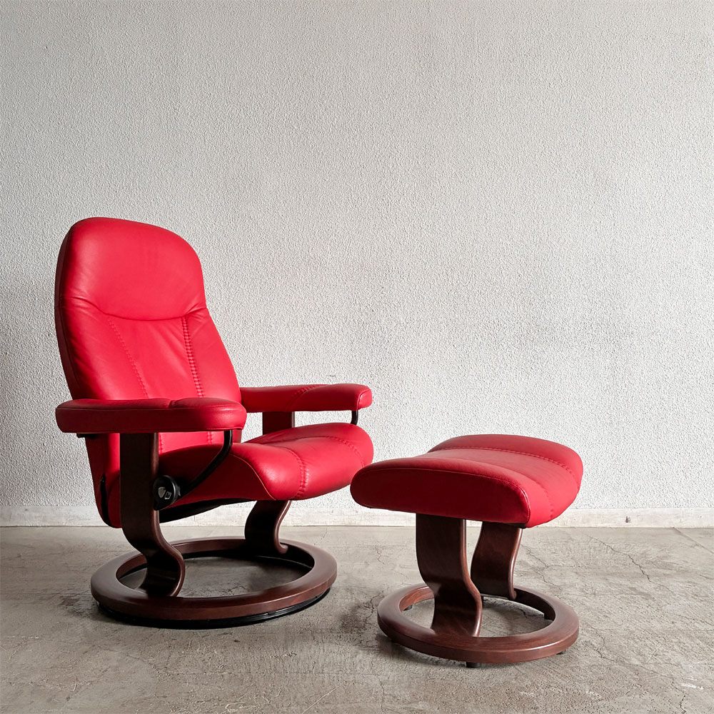 エコーネス EKORNES ストレスレスチェア stressless コンサル Consul リクライニングチェア＆オットマン Sサイズ 本革 レッドレザー クラシックベース ノルウェー 定価￥268,400- 〓