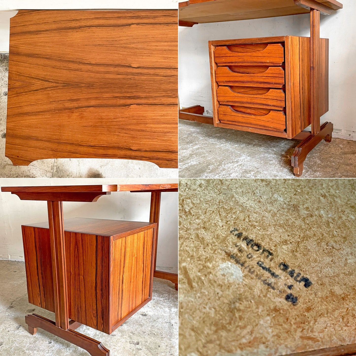 イタリアビンテージ vintage ローズウッド 片袖デスク ワークデスク 抽斗 4ドロワー 幅110cm ■
