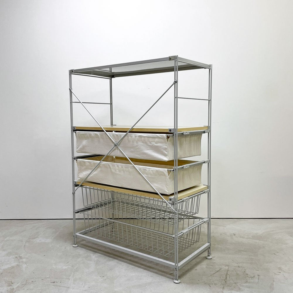 無印良品 MUJI スチールユニットシェルフ 5段 W84 H120㎝ 木製棚板 帆布 ワイヤー バスケット 4杯 ●