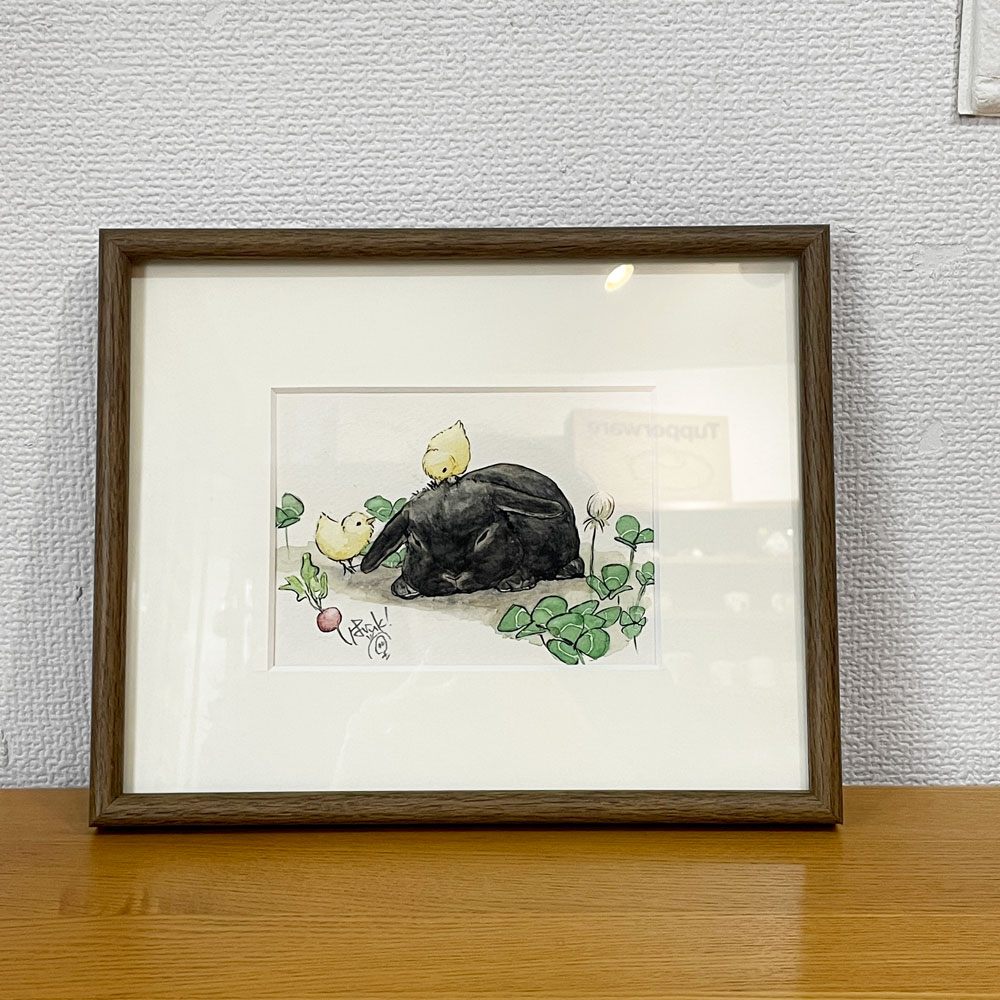 はるき堂 水彩画 黒ウサギとひよこ 27×22cm 額装品 赤崎晴樹 ◎