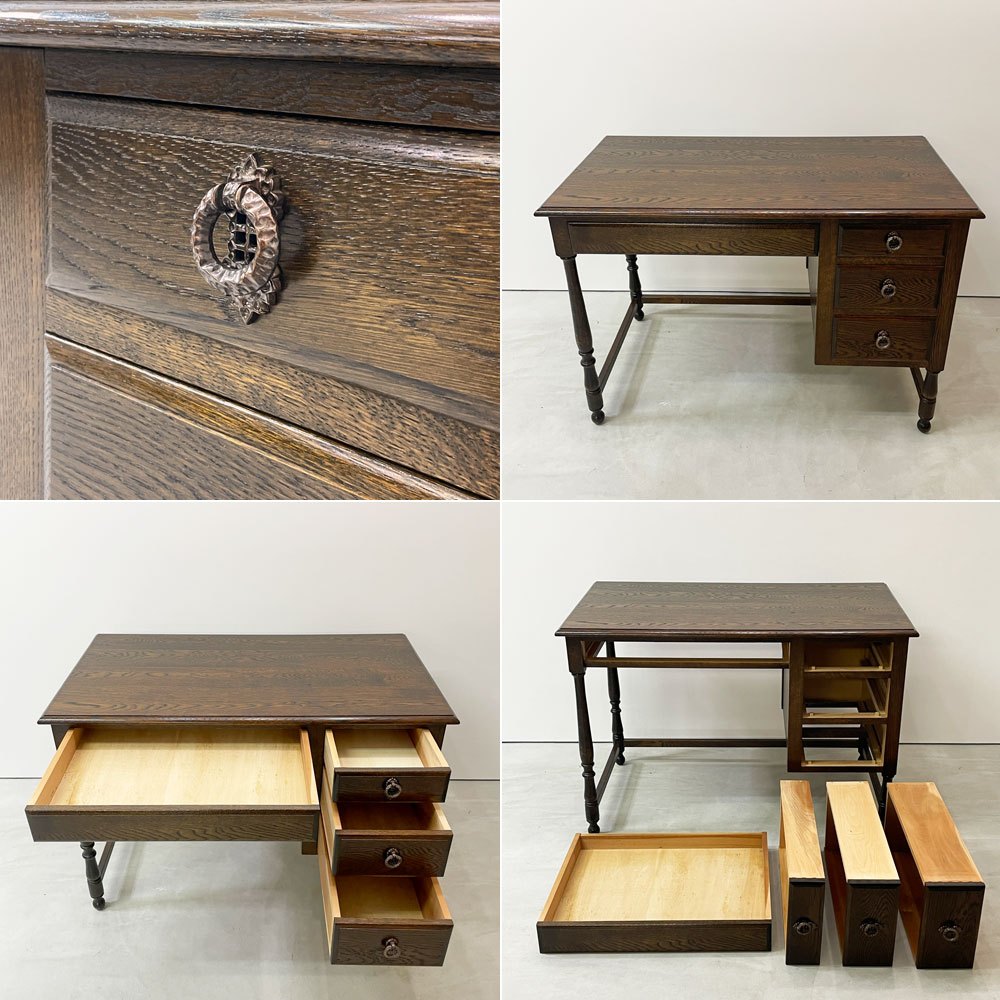 横浜元町 竹中家具 オーク材 片袖デスク 机 抽斗4杯 W106cm ろくろ脚 クラシカルデザイン 昭和レトロ ●