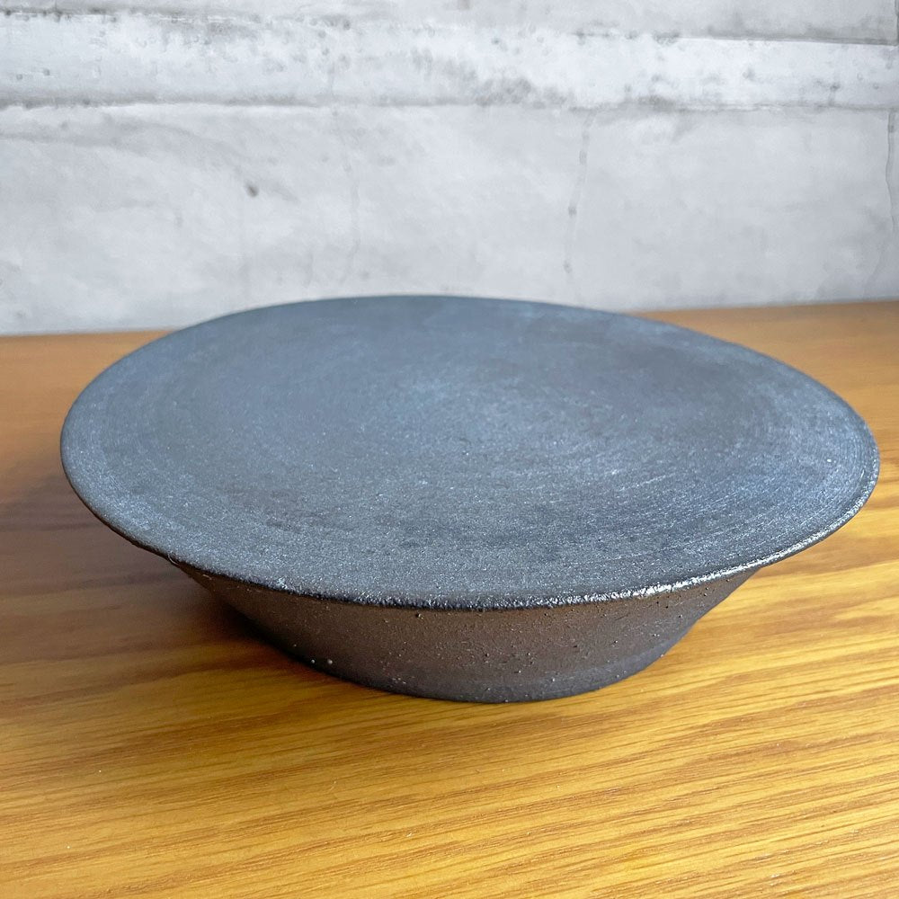 花岡隆 黒陶台皿 約19.5×H4.8cm 花釜 現代作家♪