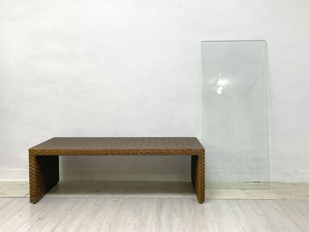 アジアンモダンデザイン Asian moderne design ガラストップ × レザー編込 センターテーブル ローテーテーブル W124cm リゾートスタイル ●