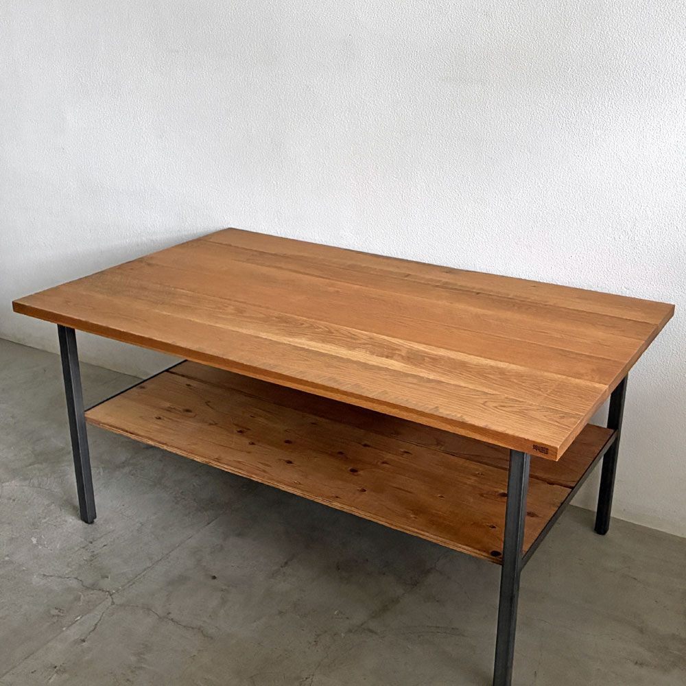 スクエアファニチャー SQUARE FURNITURE オーク 無垢材 ワーキングテーブル 作業台 W180cm スチール脚 シェルフ付き インダストリアル 店舗什器 B 〓