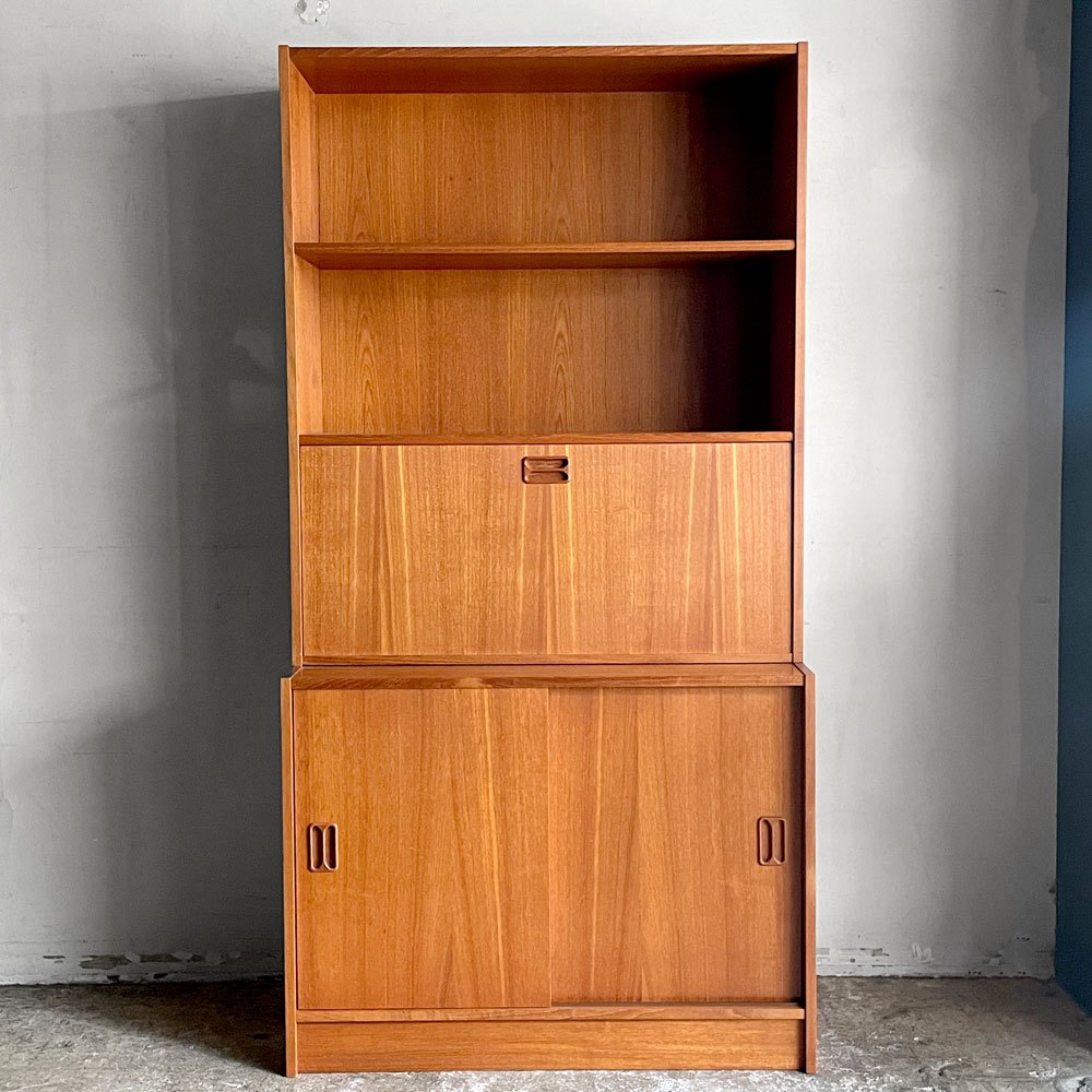 北欧ビンテージ Scandinavian Vintage チーク材 ライティングビューロー キャビネット ドロップダウンドア スライドドア 本棚 W87cm ■