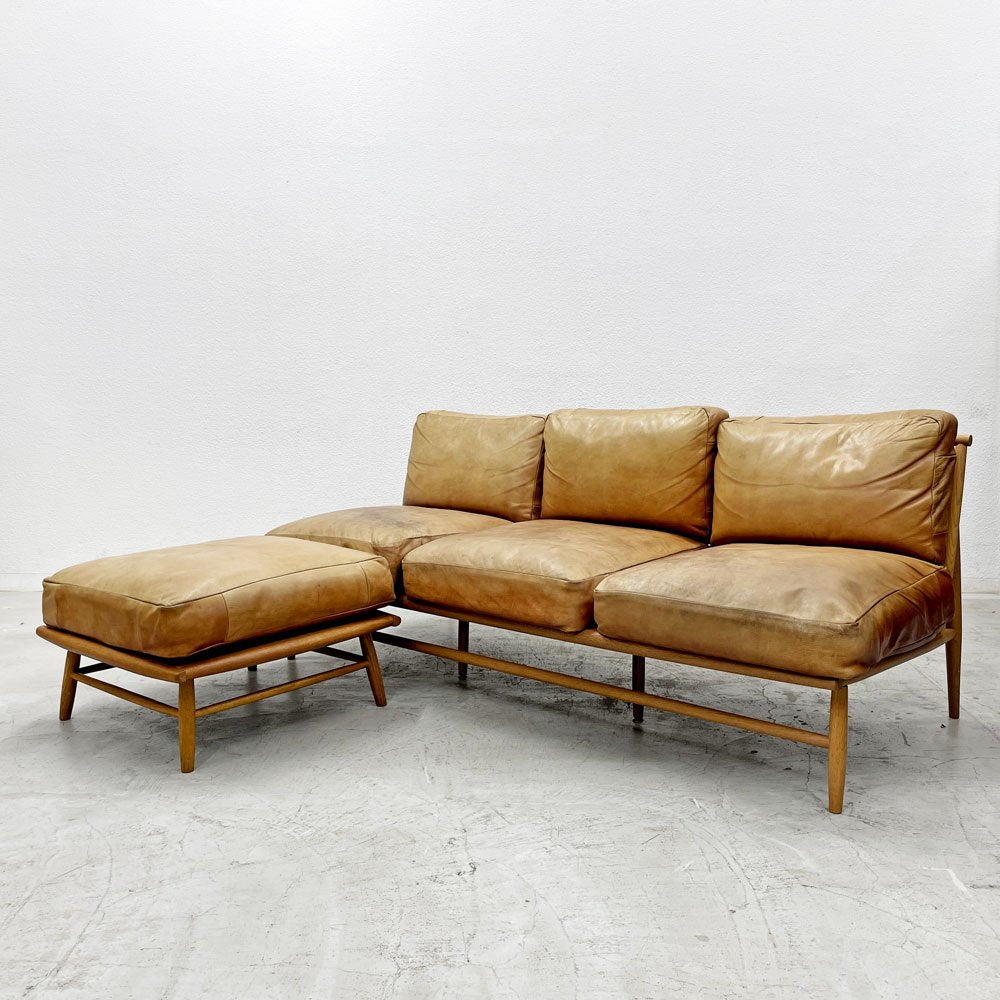 モモナチュラル Momo Natural クラウド CLOUD 3Pソファ 3人掛け & オットマン レザーシート 本革 オーク無垢材 フェザー×ウレタンクッション 〓