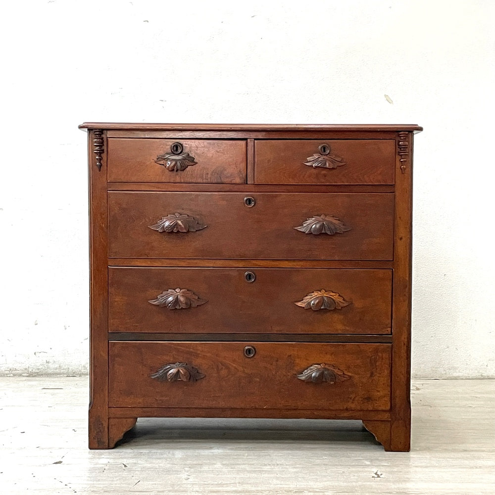 UKビンテージ 4段5杯 アーモンド彫刻入り チェスト 衣装ケース ロイズアンティークス購入品 UK VINTAGE ●