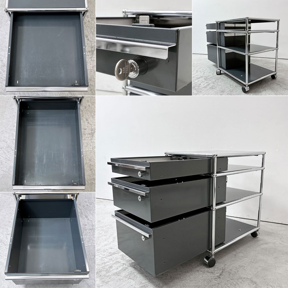 ユーエスエムハラー USM Haller モジュラーファニチャー Modular Furniture デスクワゴン キャビネット ロールボーイ 3ドロワー アントラサイト 鍵付き ●