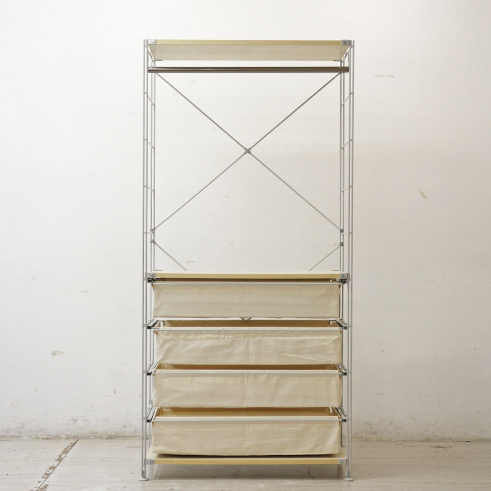 無印良品 MUJI スチールユニットシェルフ オープンシェルフ W84cm H175㎝ 木製棚板 ワードロープバー 帆布バスケット ●