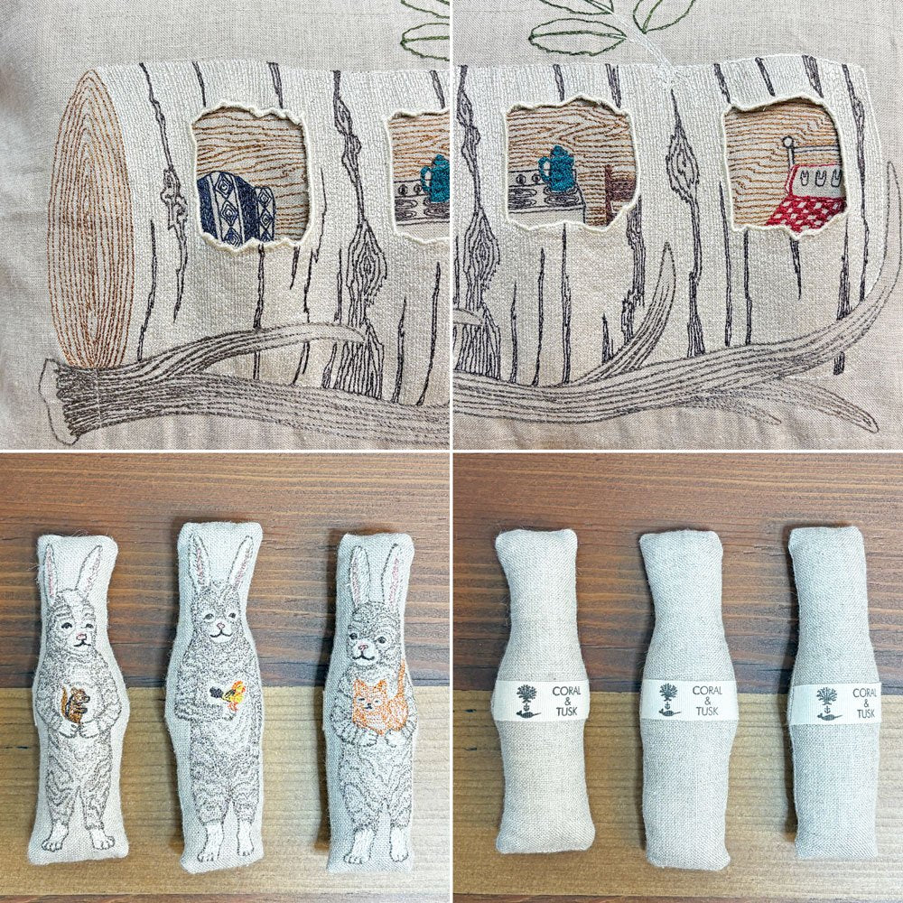 コーラルアンドタスク Coral & Tusk アスペンログバニーズ ウィズポケット Aspen log bunnies w/p 30x40cm クッション リネン カバーリング 刺繍 ●