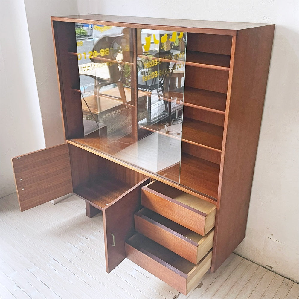 ジャパンビンテージ チーク材 ガラスキャビネット リビングボード 棚板5枚 3ドロワー 北欧スタイル ブロカント 水屋 ジャパニーズモダン ★
