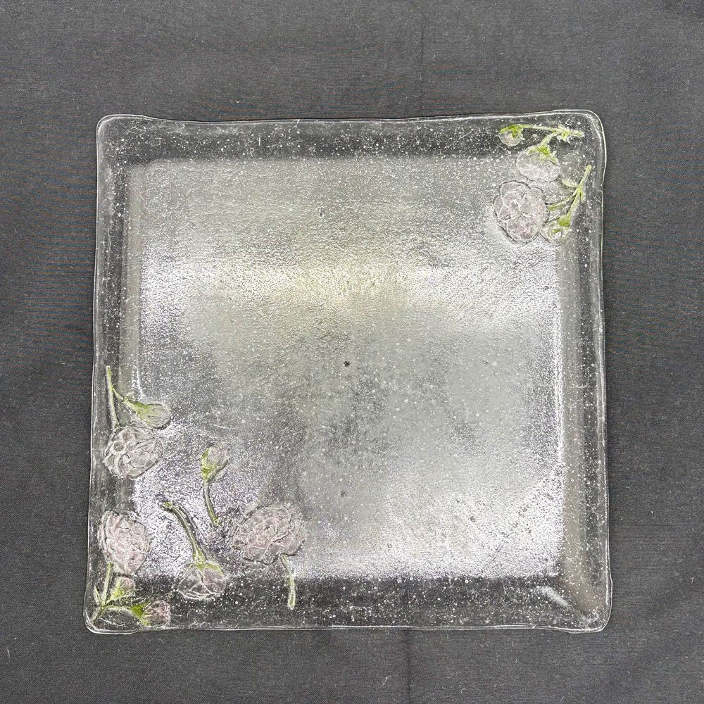 岡田多恵 ガラス 角皿 スクエアプレート パートドヴェール 花 24cm 現代作家 ●
