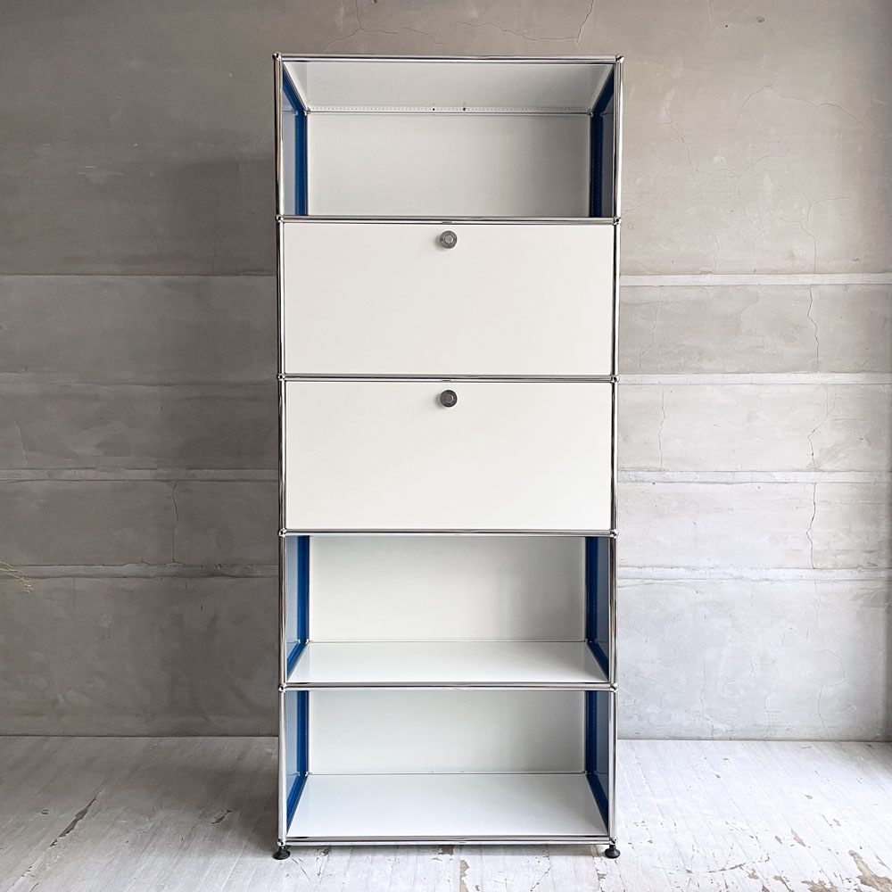 ユーエスエムハラー USM Haller モジュラーファニチャー キャビネット シェルフ 1列5段 ピュアホワイト×ジェンシャンブルー ドロップダウンドア×2 アジャスター付 スイス♪