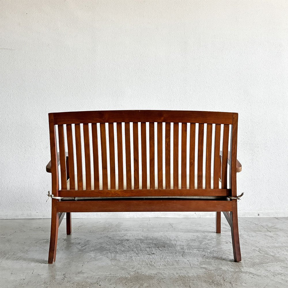 カジャ KAJA アジアンチーク材 2人掛けベンチ W118cm 座クッション ファブリック オフホワイト系 コロニアルスタイル 〓