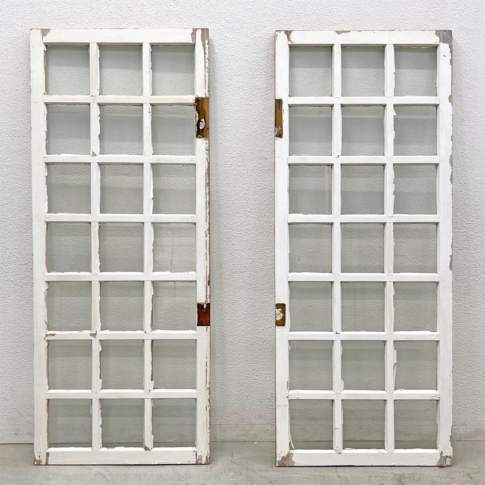 フランスアンティーク 格子窓枠 木枠×ガラス 2枚組 建材 建具 ビンテージ 〓