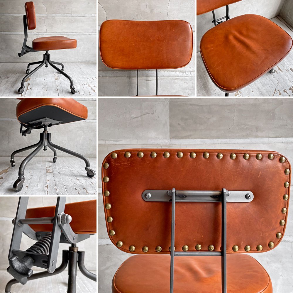 トラックファニチャー TRUCK FURNITURE デスクワークチェア DESKWORK CHAIR アームレス キャスター付き 牛革 L-8 BROWN 回転式昇降 定価 ￥161,700- ♪