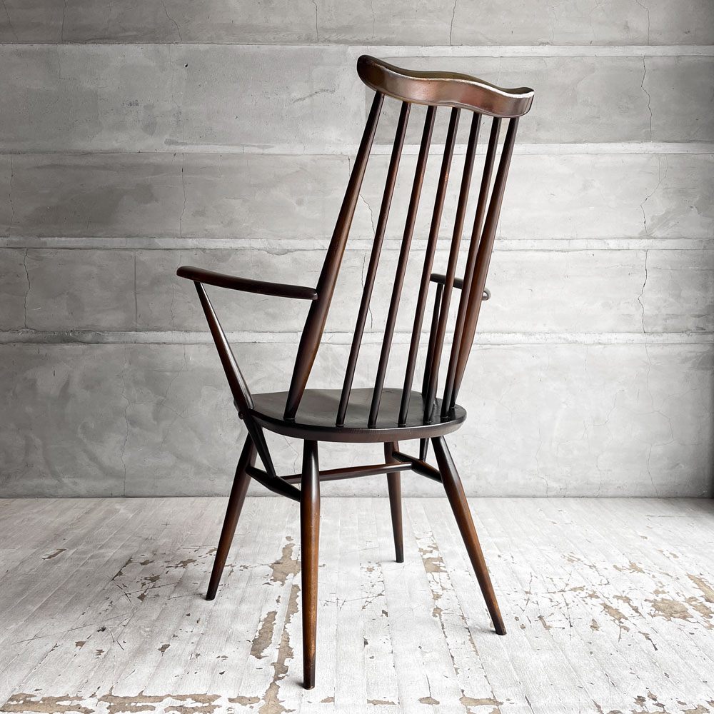 アーコール Ercol ゴールドスミス ダイニングチェア アームチェア コロニアル ハイバック エルム材 ダークブラウン UKビンテージ 英国家具 ♪