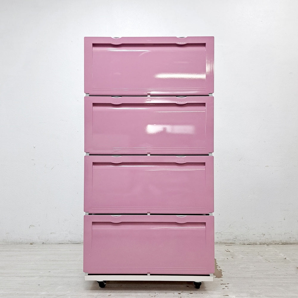 タッパーウェア Tupperware スーパーチェスト ワイド Super chest Wide 引出1段 ピンク 4段セット 専用カート付 ●