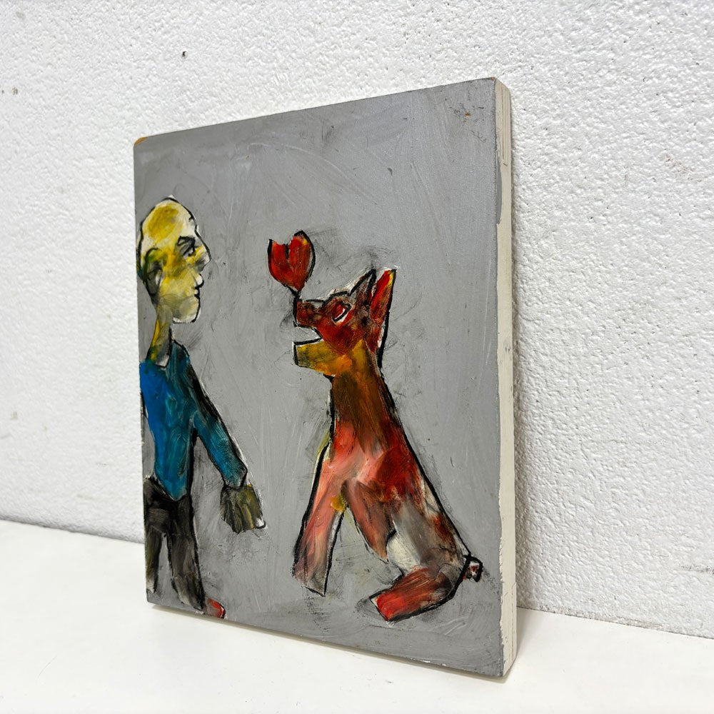 エディ・ドミニク・デュビアン Edi Dominique Dubien 木製パネル 19×24cm パネルアート ウォールアート インテリア 2005年 W19×H24cm 人物 犬 モダンアート 現代美術 フランス ●