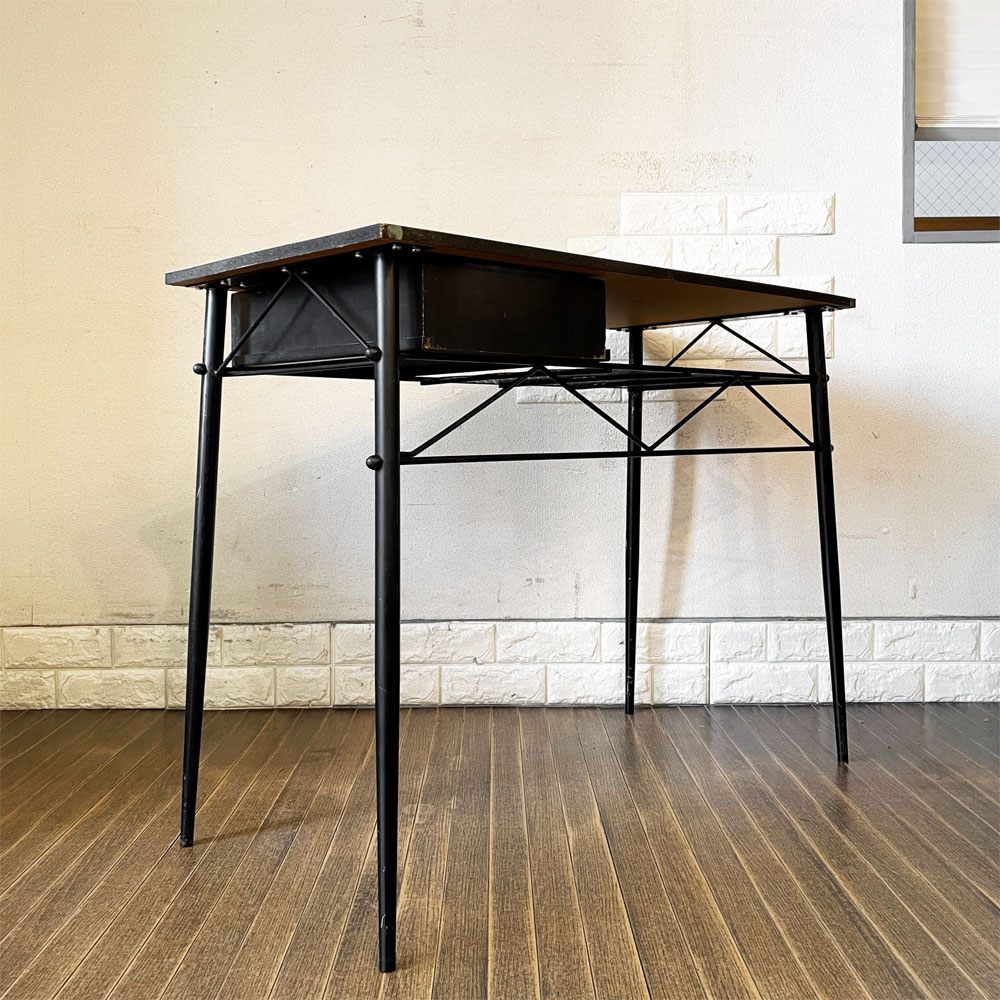 ミッドセンチュリーデザイン Midcentury Design メラミントップ × スチールレッグ デスク W90.5cm 抽斗1杯 50's ビンテージ ◎