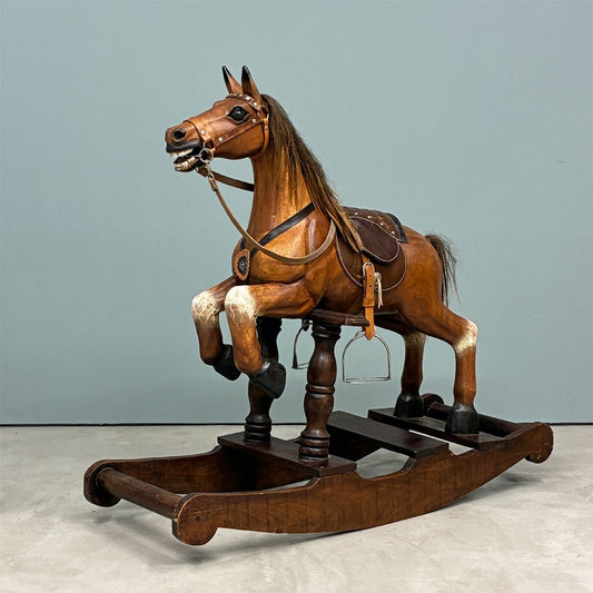 ビンテージ ロッキングホース 無垢材×レザー 木馬 ソリッドウッド クラフト 店舗什器 ◎