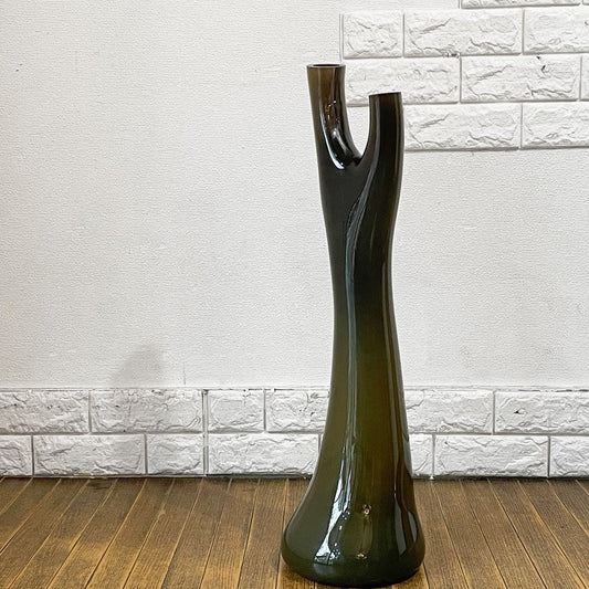 ガラス工房 fresco 辻野剛 ビッグフラワーベース 二口タイプ モスグリーンガラス 現代作家 ◎