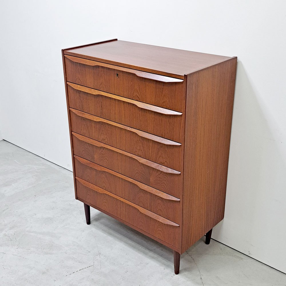 北欧ビンテージ Scandinabian Vintage チェスト 6ドロワーズ チーク材 H108cm デンマーク 北欧家具 鍵欠品 ●