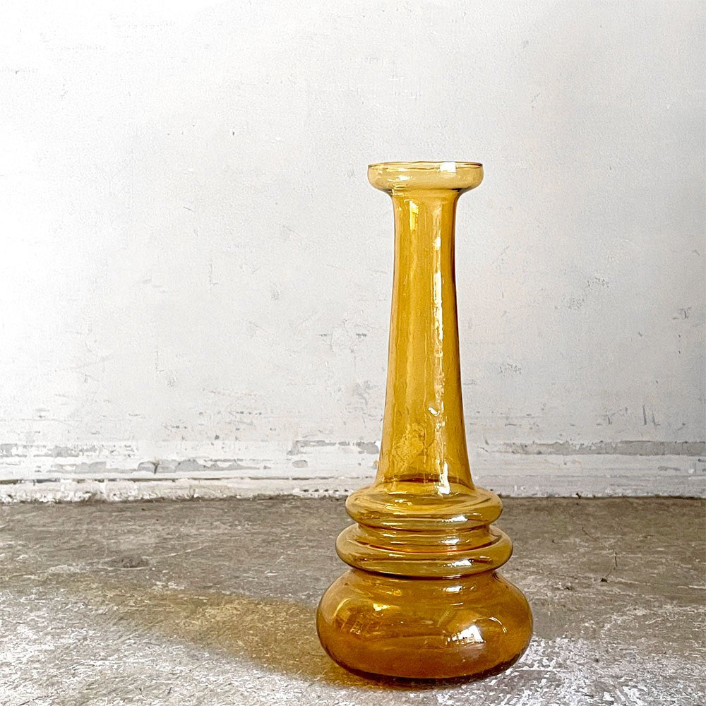 ビンテージ Vintage フラワーベース 手吹き アンバーガラス 琥珀色 リングネック ボトル型 花瓶 H29cm ■