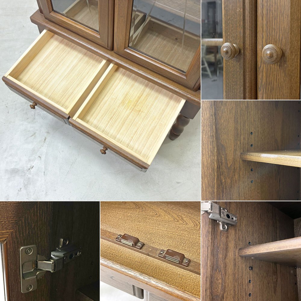 中屋家具 ミドルキャビネット ニレ材 ガラスキャビネット 食器棚 抽斗2杯 H130cm ●