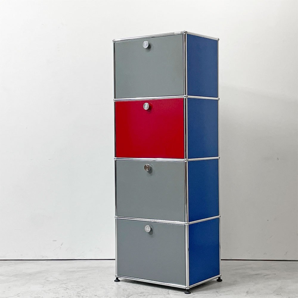 ユーエスエムハラー USM Haller モジュラーファニチャー Modular Furniture 1列4段 ドロップダウン扉 ミッドグレー × ジェンシャンブルー × ビーレッド × アントラサイト スイス ●