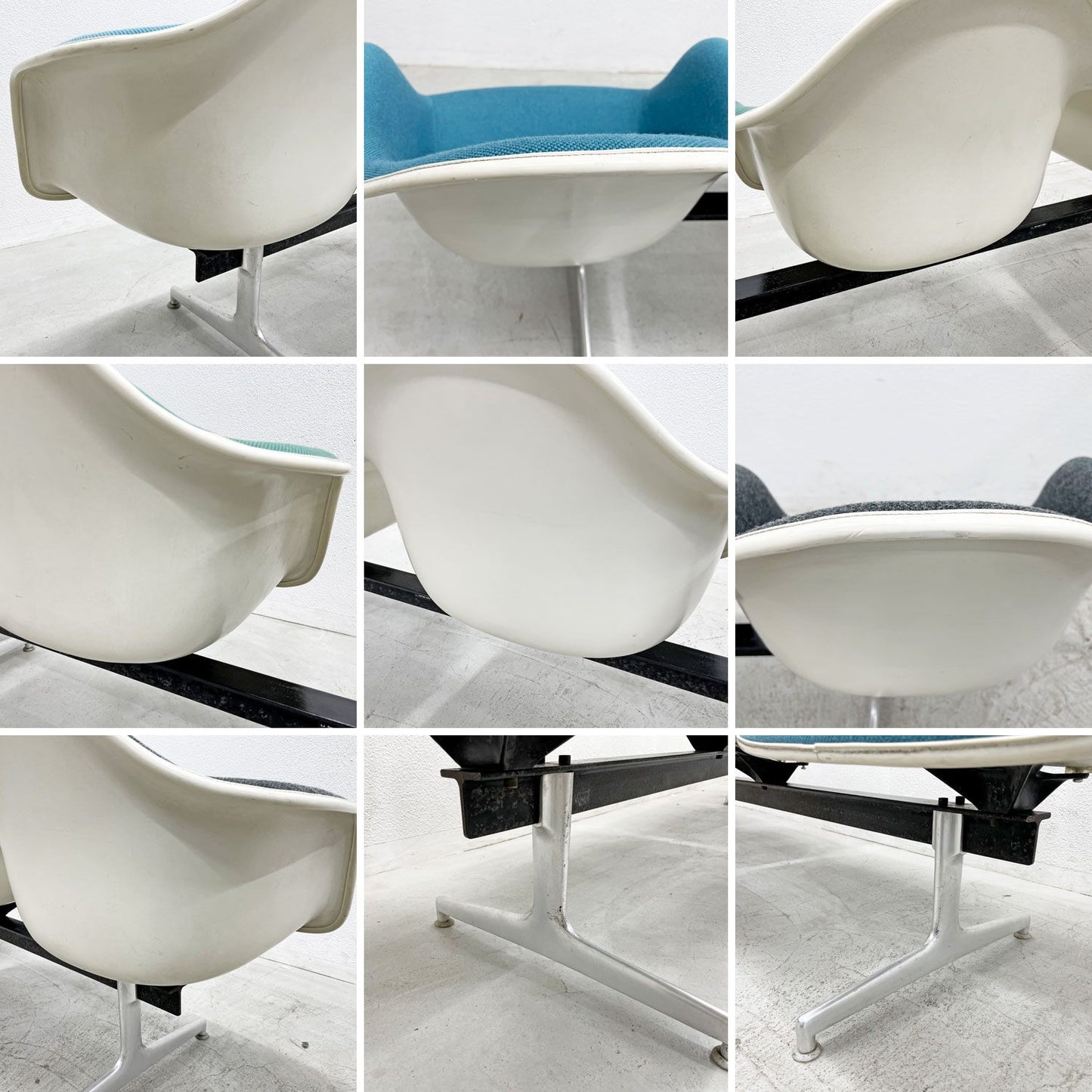 ハーマンミラー Herman Miller ビンテージ エアポートベンチ タンデムシート 4連 アームシェル 2nd ファブリック 新品張替え済 イームズ 希少 グレー・ライトグレー・ミント・スカイブルー D〓