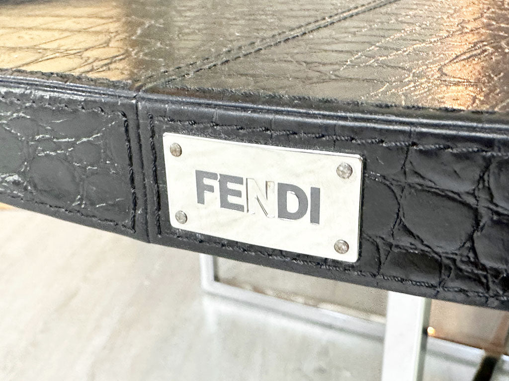 フェンディカーサ FENDI CASA クロコ型押し 牛革 ラウンド センターテーブル ローテーブル ブラック クロムレッグ 直径120cm 大型 高級家具 イタリアモダン ●