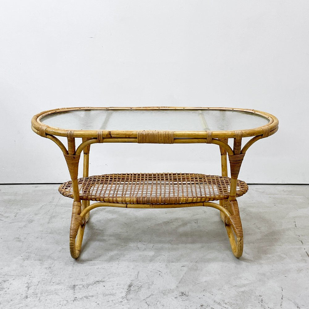 UKビンテージ Vintage ガラストップ ラタン コーヒーテーブル オーバル エッチングガラス ラック付き アンティーク 英国家具 ●