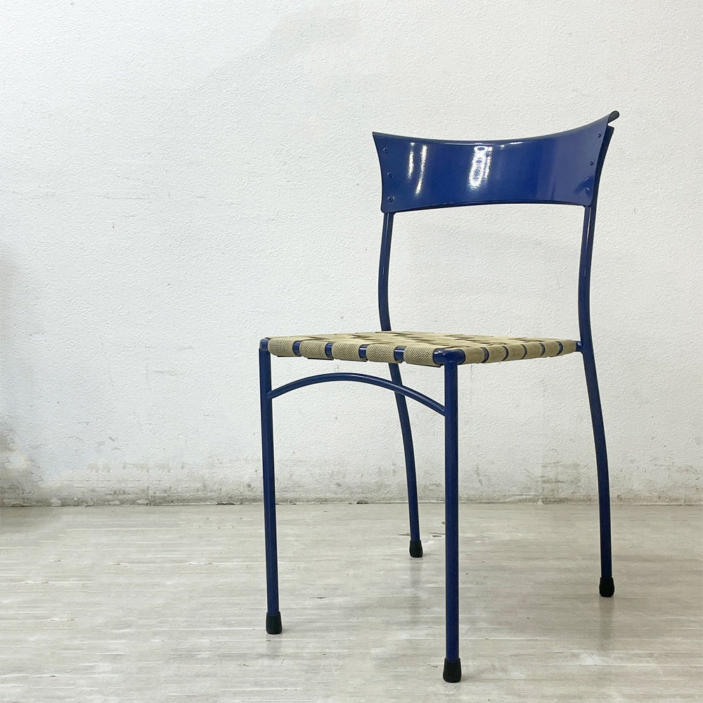 アルテラーノ ARTELANO ビンテージ スチールフレームチェア ウェービングテープ張り座面 スタッキングチェア ブルー フランス A ●