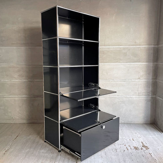 ユーエスエムハラー USMハラー USM Haller モジュラーファニチャー キャビネット シェルフ 1列5段 ドロップダウンドア×2+エクステンションドア パスコボックス 鍵付き グラファイトブラック アジャスター付 スイス ♪