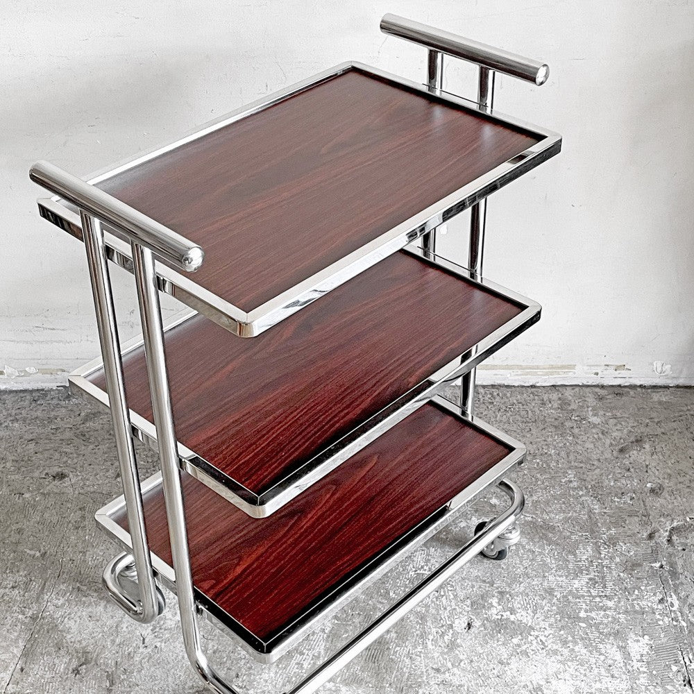 レトロデザイン サービスワゴン オープンシェルフ 木目調 キャスター付き 店舗什器 W67×H91cm ■