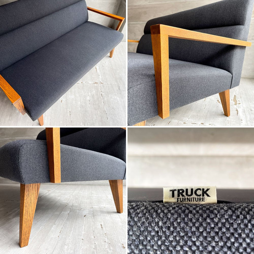 トラックファニチャー TRUCK FURNITURE ロビー LOBBY 2Pソファ 2人掛け オーク無垢材 グレー系ファブリック 新品張替済 廃番希少 ♪