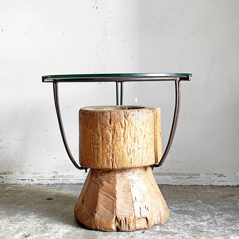 ビンテージ vintage ラウンド サイドテーブル ローテーブル 古材×ガラス×アイアン 天然木 菊池 由見子 プリミティブ ■