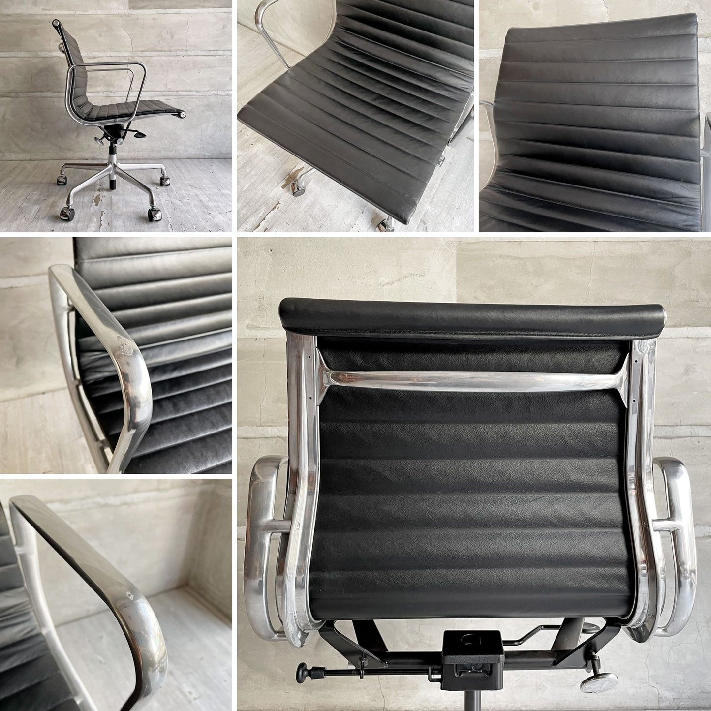 ハーマンミラー Herman Miller イームズアルミナムグループ マネジメントチェア アルミバフベース ガス圧昇降 5本脚キャスター 本革 レザー ブラック E ♪
