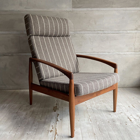 宮崎椅子製作所 ペーパーナイフソファ 1シーター 1Pソファ ラウンジチェア ウォールナット材 ヘッドレスト付き ストライプ ファブリック SAMSØ生地 カイ・クリスチャンセン ♪
