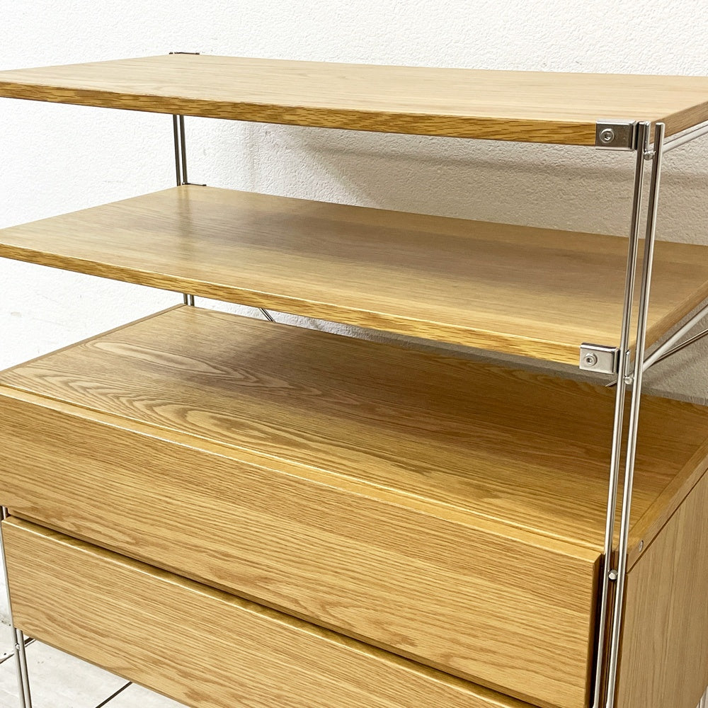 無印良品 MUJI ステンレスユニットシェルフ オーク材 オープンシェルフ 本棚 飾り棚 収納棚 H120cm 棚板3枚 ボックス引き出し2段 ●