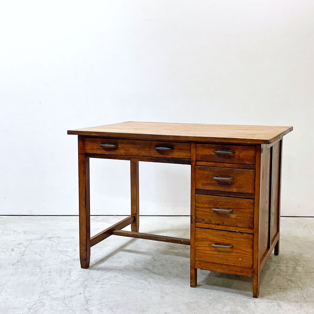 ジャパンビンテージ Japan Vintage 古い木味の片袖机 デスク 抽斗5杯 古家具 レトロ ●