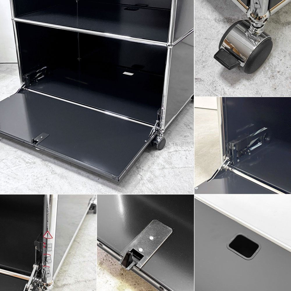 ユーエスエムハラー USMハラー USM Haller モジュラーファニチャー キャビネット シェルフ 1列2段 ドロップダウンドア キャスター付き グラファイトブラック 定価￥165,385- ●