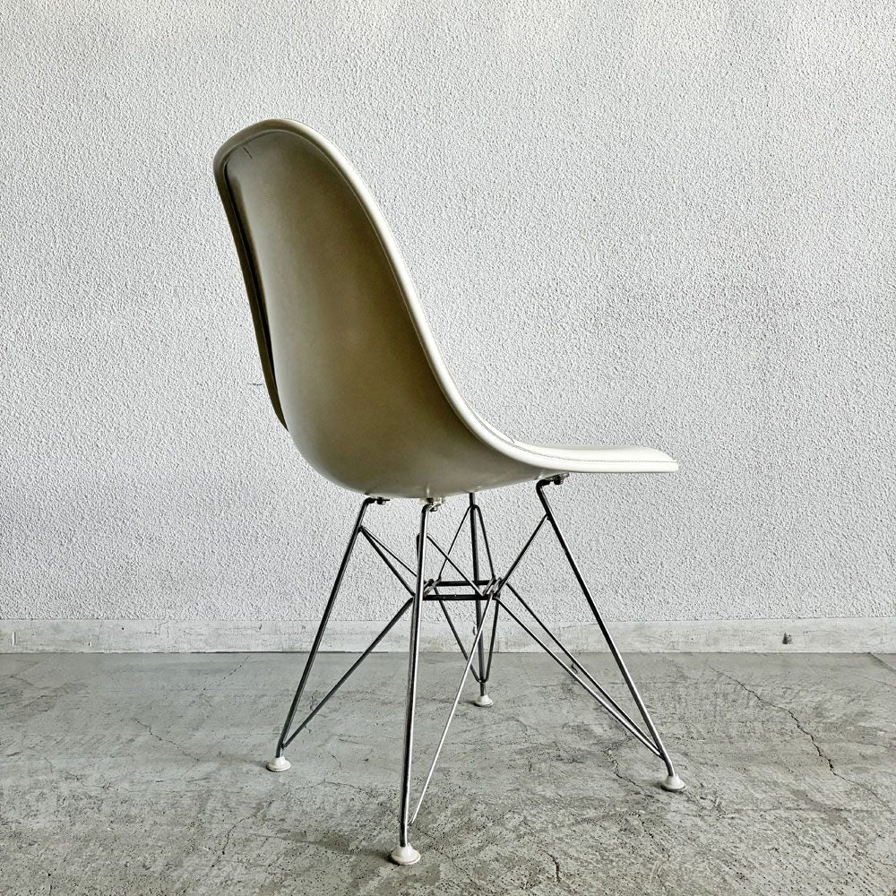 ハーマンミラー Herman Miller サイドシェルチェア FRP製 3rdビンテージ パーチメントシェル PVCレザー ホワイト系 エッフェルベース ロータイプ C&R イームズ ミッドセンチュリー 〓