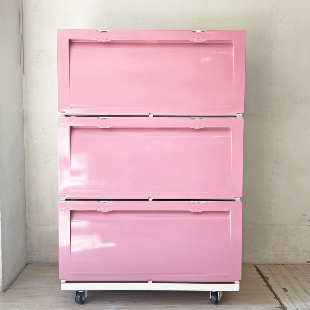 タッパーウェア Tupperware スーパーチェスト ワイド Super chest Wide 引出1段 ピンク 3段セット 専用カート付き ★